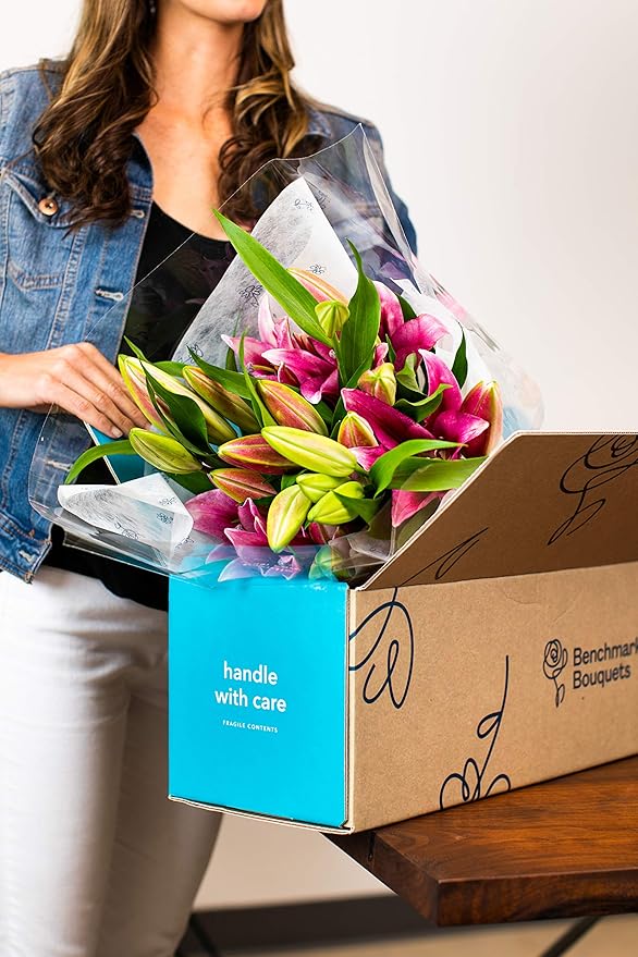 Benchmark Bouquets - 8 Stem Pink Stargazer Oriental Lilies (Glass Vase Included) - Fresh Flowers for Delivery - Gift for Graduation, Birthday, Anniversary, Sympathy, Get Well, Congratulations