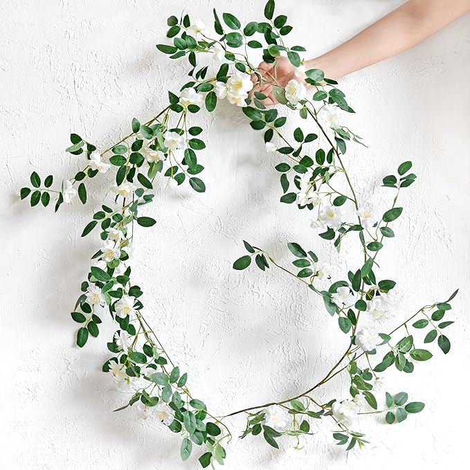 FiveSeasonStuff Bendable Shabby Chic White Flower Garlands, Artificial Silk Wild Roses Vine Leaves Hanging Flowers for Wall Decoration Basket Trellis Wedding Home 2 Pack 12 ft