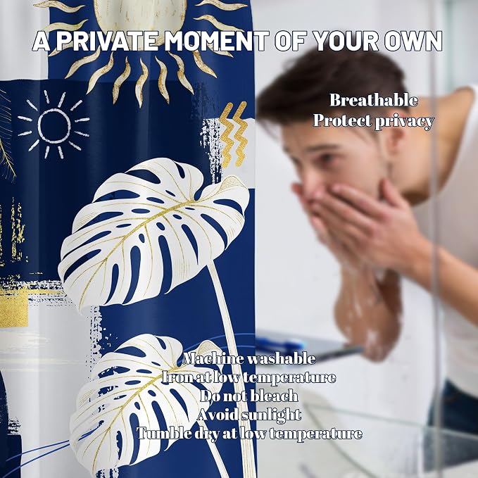 Extra Long Shower Curtain 96 Inchs Extra Tall Blue and White XL Navy Blue and Gold Abstract Shower Curtains for Large Bathroom Decor Sets, Waterproof Cloth Fabric with Hooks, 70 x 96 Inch