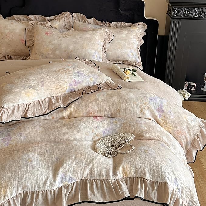 VM VOUGEMARKET Vintage Flower Duvet Cover Set King Ruffled Linen Gauze Duvet Cover with 2 Pillow Shams Soft Breathable Muslin Cotton Bedding Set-Ivory
