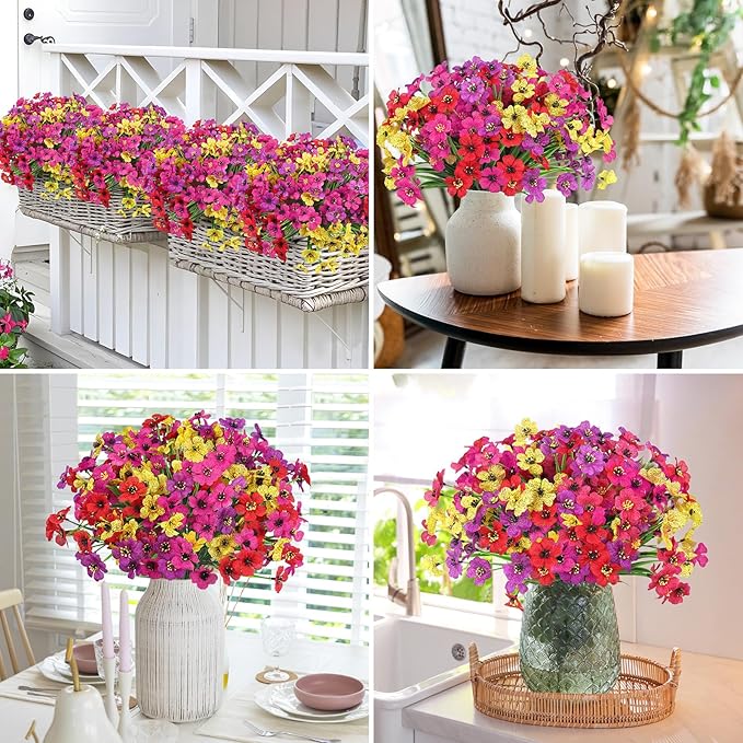 Ouddy Decor 12 Bundles Artificial Flowers for Outdoors Fake Silk Flowers UV Resistant Faux Plastic Plants for Indoor Outdoor Vase Box Garden Porch Window Box Home Spring Summer Decor, Multicolor