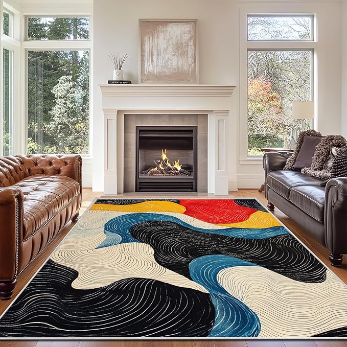 5x7 Colorful Area Rug Modern Abstract Black White Blue Beige Red Yellow Bedroom Rug Soft Low Pile Thin Large Carpet Living Room Non Slip Dining Room Stain Resistant Office Washable Machine