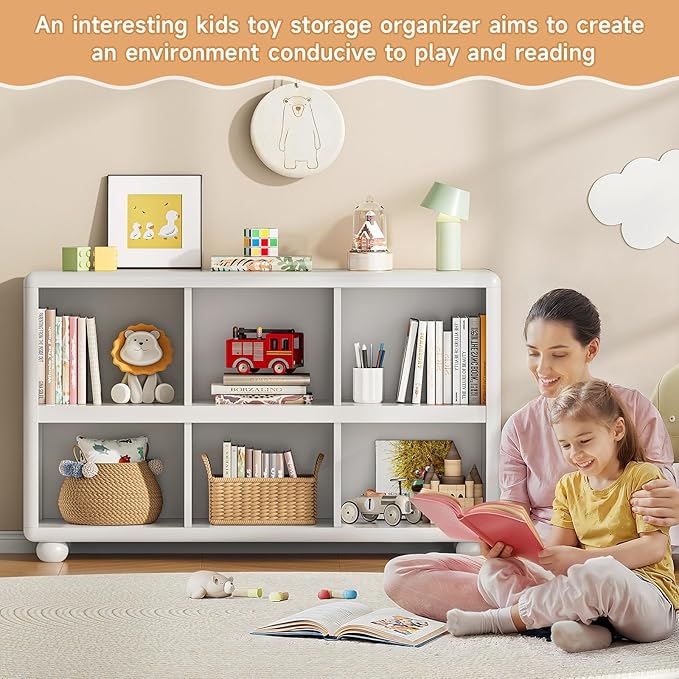 ONBRILL Wooden Bookcase with 6 Cube Storage, Kids Bookshelf with Sphere Foot, Sturdy Toy Storage Organizer, Safe Rounded Corners Bookcase for Living Room, Playroom, Nursery (White)