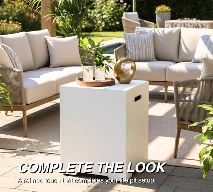 HillAethel 16-Inch Propane Tank Cover,20 LB Outdoor Tank Storage Hideaway Side Table for Gas Fire Pits,Light Concrete Tank Holder,White