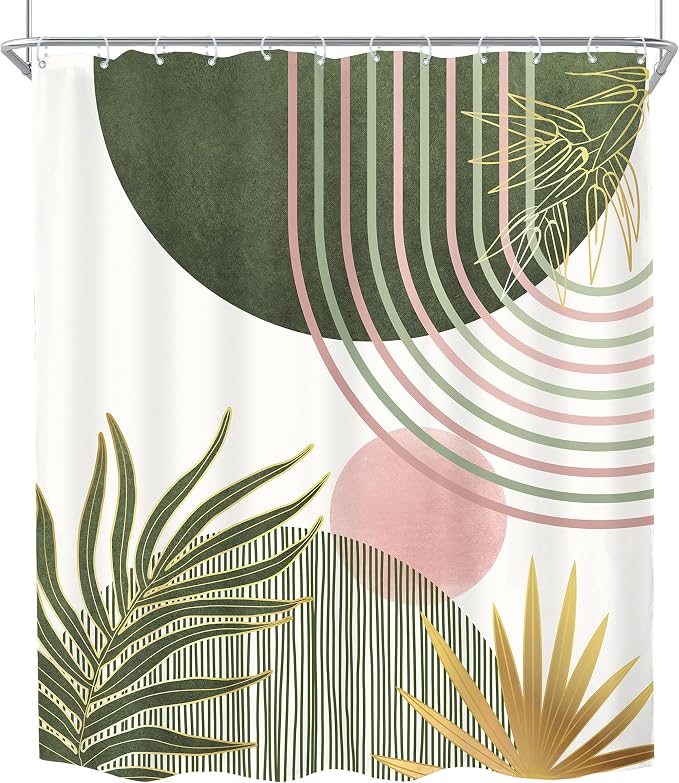 KOMLLEX Mid Century Sage Green Pink Boho Shower Curtain 60Wx72L Inches Abstract Modern Shower Curtains for Bathroom Plant Botanical Minimalist Arch Sun Fabric Liner Waterproof Polyester 12 Pack Hooks