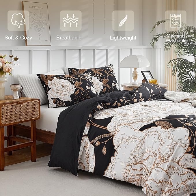 mixinni Black Floral Duvet Cover Twin XL Size, 3 Pieces Garden Style Botanical Flowers Leaves Bedding Set, Soft Cotton Reversible Farmhouse Boho Duvet Cover and 2 Pillowcases for All Season