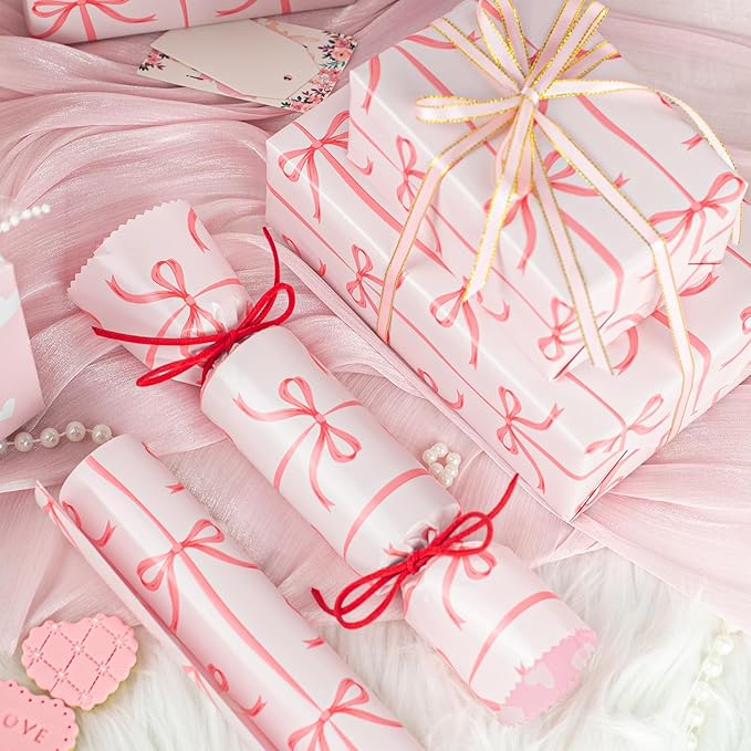 Burymento Pink Bow Wrapping Paper, Reversible Pink Love Design Gift Wrap for Baby Shower, Birthday, Valentines, Mothers day, Graduation, Wedding, Fathers day, Christmas (17 Inch X 32.8 Feet)