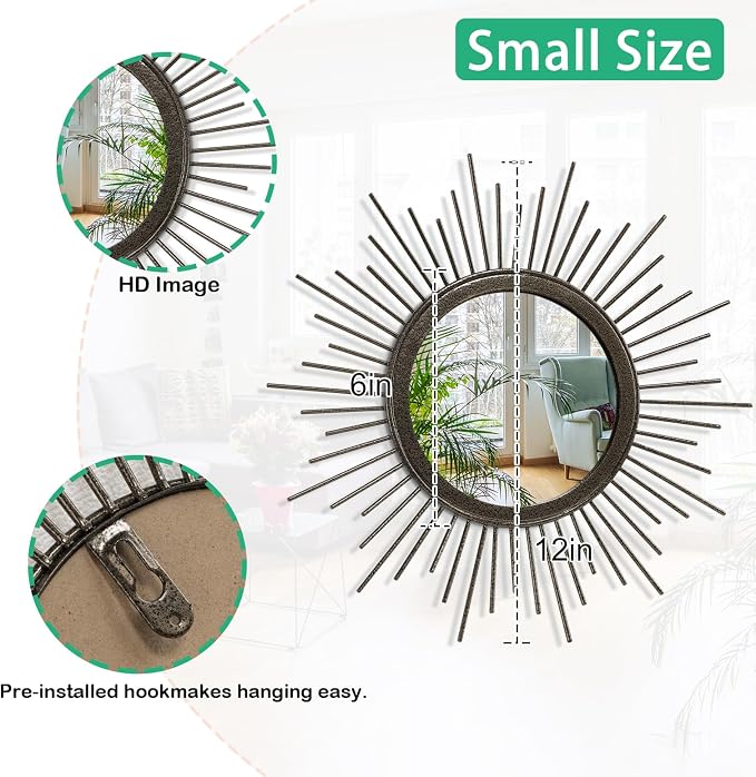 Sunburst Spoked Mirrors for Wall Boho Home Round Wall Art Mirror Classic Metal Modern Hanging Mirror Living Room Hallway Bathroom Bedroom Office Vanity Entryway