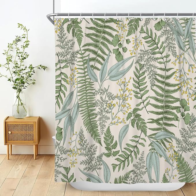 Vintage Fern Leaf Leaves Sage Green Shower Curtain, Rural Eucalyptus Plant Natural Farmhouse Floral Botanical Art Printed Fabric Waterproof Curtain for Bathroom w/12 Plastic Hooks