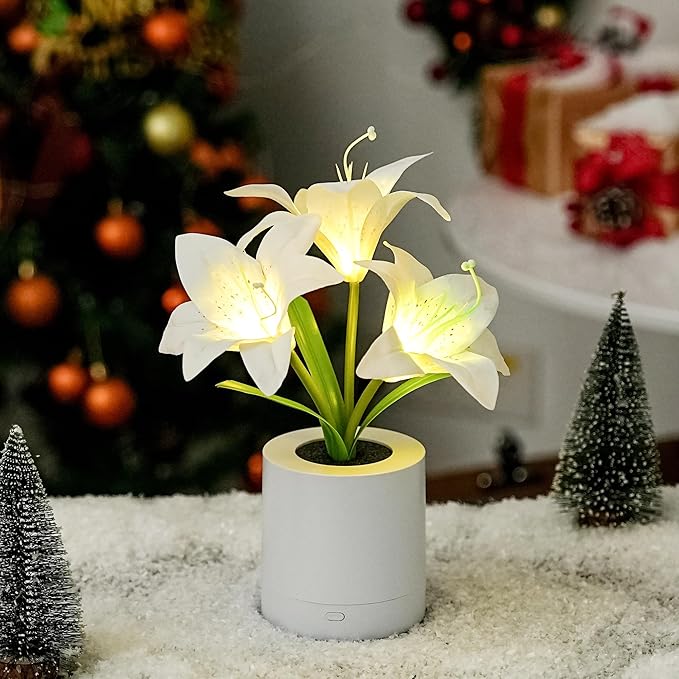 WSYEAR Christmas Birthday Gifts for Women-Fake White Lily Artificial Flower Lamp Night Light for Wedding Party Decor Home Hotel Office Garden Craft Art Decor