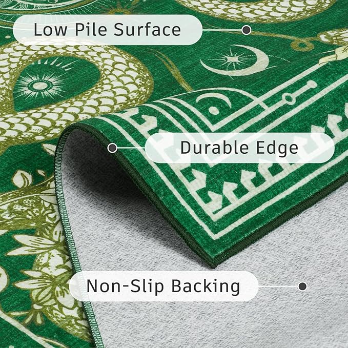 DCX Washable 8x10 Snake Rug, Green Gothic Rug for Living Room, Soft Low Pile Carpet, Kid & Pet Friendly with Rubber Back Non Slip, Stain Resistant Rug for Bedroom Dining Room Office