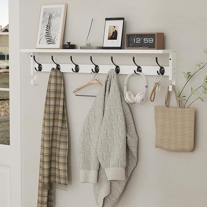 AMBIRD Coat Rack Wall Mount, 35 Inch Large Coat Hooks Wall Mounted with 7 Dual Metal Hooks and 2 Side Hooks, Wall Hooks with Shelf in Entryway, Kitchen, Living Room, Bathroom, Bedroom (White)