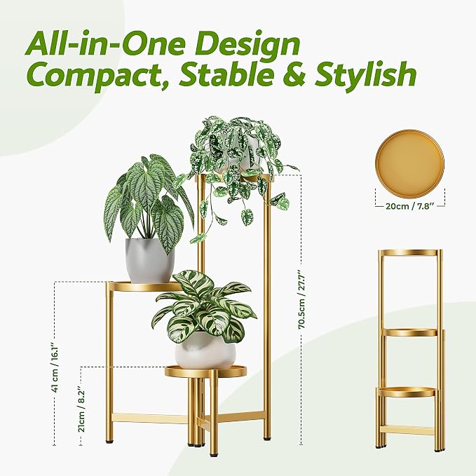 3 Tiered Plant Stand Indoor for Multiple Large Planter, Tall Heavy Duty Adjustable Folding Rack with Rustproof 7.9 Inch Wide Tray, Gold Plant Shelf for Corner Living Room - GoldDisk