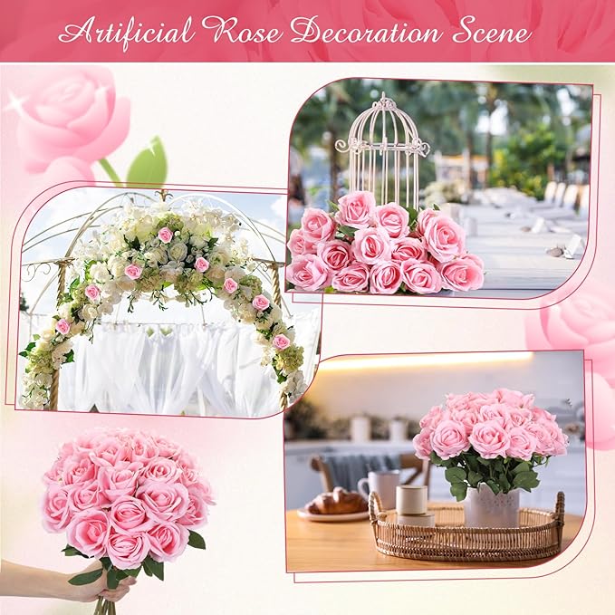 Lyrow 200 Pcs Artificial Roses Realistic Flowers Bulk Real Looking Fake Silk Rose Bouquets with Long Stem Flowers for Wedding Table Centerpieces Bridal Shower Party Home Garden Decor (Pink)