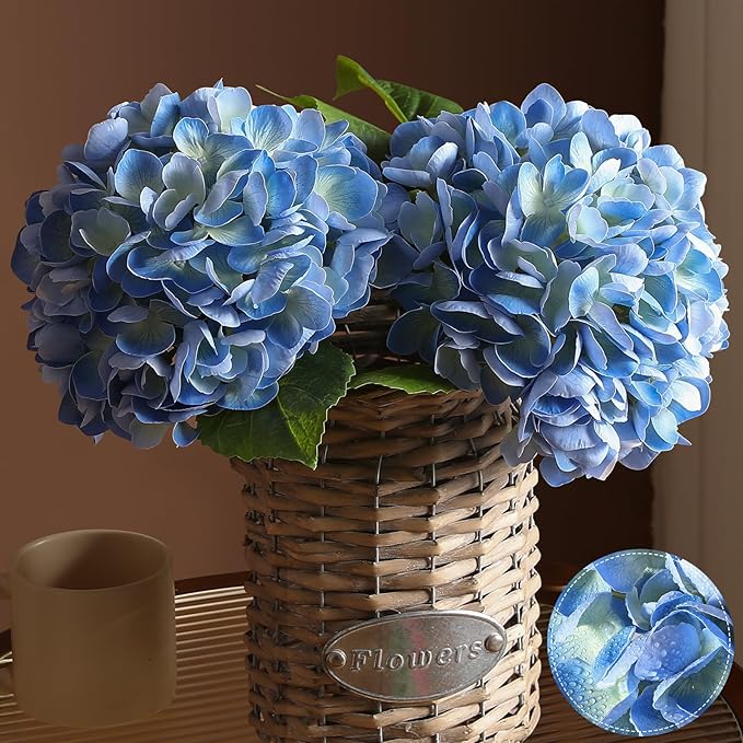 2Pcs Hydrangea Artificial Flowers, 22.44" Real Touch Latex Faux Hydrangea with Long Stems & Leaves for Home Office Decor or Wedding, Party, Centerpieces, Floral Arrangements (Blue)