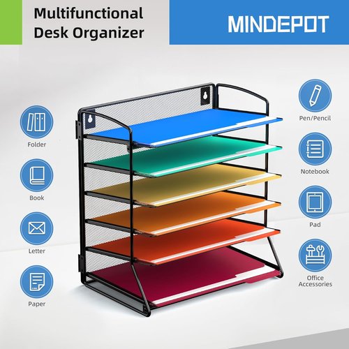 MINDEPOT 6-Tier Paper Tray Desk Organizer - Extra Thick Metal A4/Letter Size File Holder for Office & School