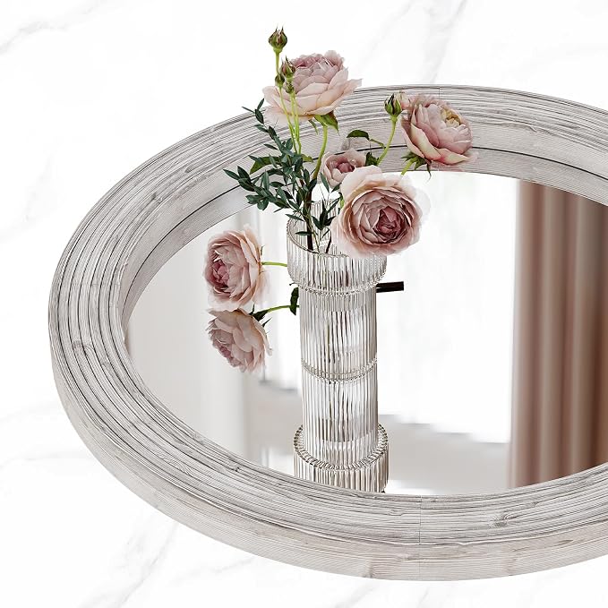 ULIKE Round Mirror for Bathroom 24x 24 Inch, Farmhouse Rustic Wood Frame Wall Mirror, White Vanity Circle Mirror for Bedroom Living Room Entryway Decor