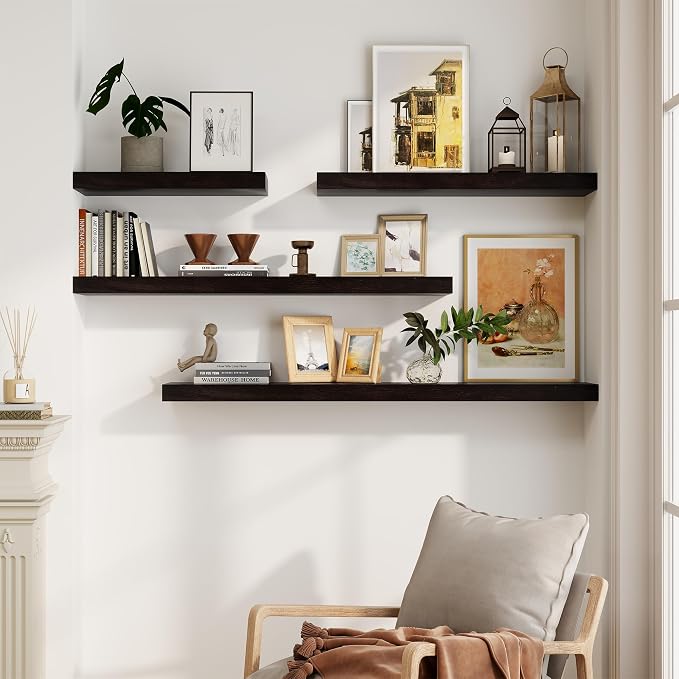 Solid Wood Floating Shelves For Wall, 55”W x 9”D x 1.56”H Large Wall Shelves for Living Room Bedroom Bathroom Kitchen Drcor Storage with Invisible Heavy-Duty Metal Bracket, Carbonized Oak, 2 Pack
