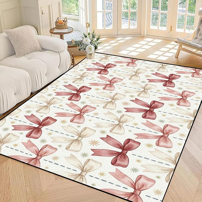Pink Bowknot Area Rug 5'x7' Watercolor Coquette Aesthetic Non-Slip Washable Carpet for Bedroom Living Room Nursery Kitchen Playroom Home Decor Soft Low Pile Floor Mat