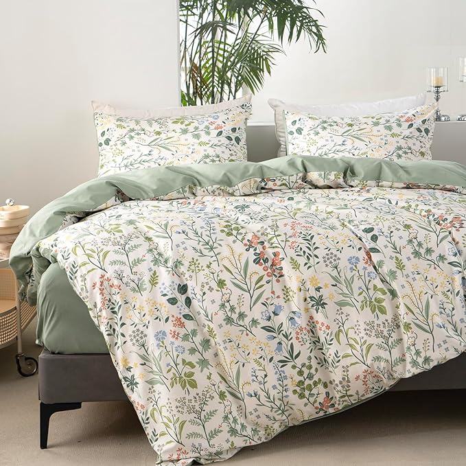 Floral Comforter Set King Soft Bedding Comforter Set 3 Pieces Lightweight Garden Style Green Red Flower Print Botanical Flowers Comforter Set 1 Comforter and 2 Pillowcases (Floral, King)