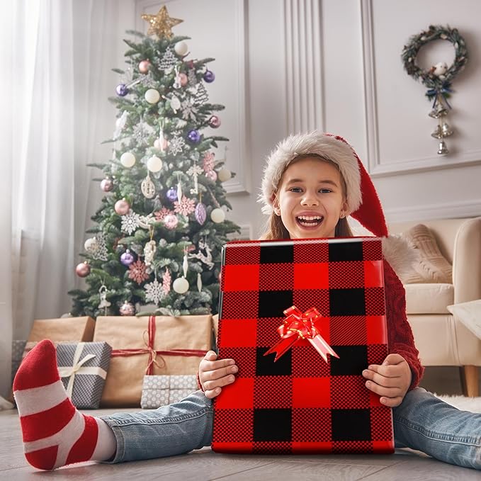 Christmas Cellophane Wrap Roll 100 ft Long 32 Inch Wide 3.1 Mil Thicken Long Film Wrapping Paper Plastic Gift Bags Large Basket Wrap for Xmas Decor Arts Crafts Flower(Black and Red,Plaid)