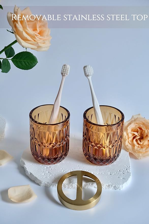 LaMarriti Amber Bathroom Accessories Set, 5Pcs Clear Glass Bathroom Sets, Hand Soap Dispenser, Soap Dish, Toothbrush Holder Set, Qtips Holder for Crystal Vintage Bath Decor, Set
