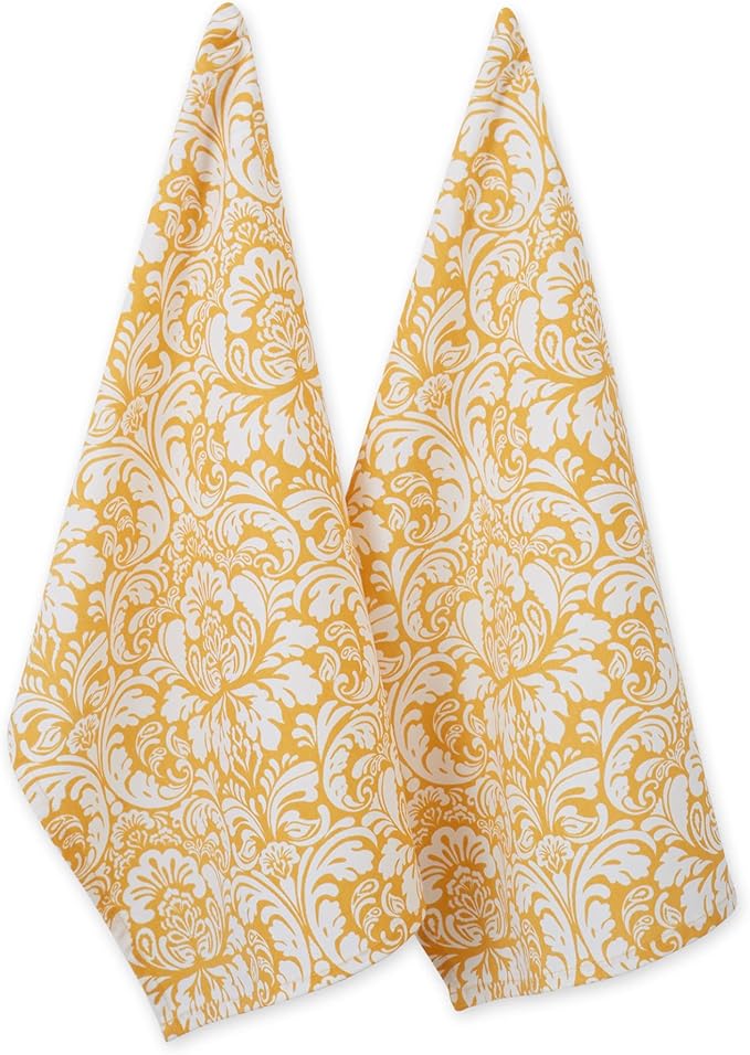DII Cotton Dish Towel Set Damask Print, 18x28, Mustard, 2 Count