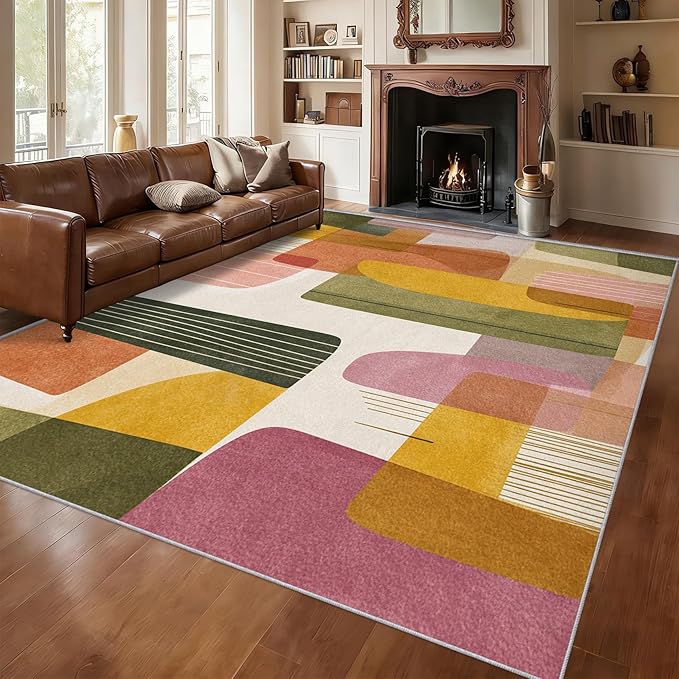 4x6 Mid Century Modern Rugs for Bedroom Decor, Washable Abstract Geometry Pattern Area Rug, Living Room Home Decoration, Non Slip Soft Thin, Boho Decor Carpet PF-P 117