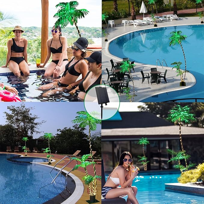 7FT Solar Lighted Palm Trees for Outside Patio Light Up 260 LED Artificial Fake Tree Lights for Pool Bar Tropical Party Deck Outdoor Decorations