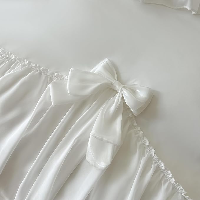 Ruffled Bedding Bow Duvet Cover Set with Butterfly Tie, Soft Brushed Microfiber Shabby Chic Bedding Set with Zipper Closure-White,Queen