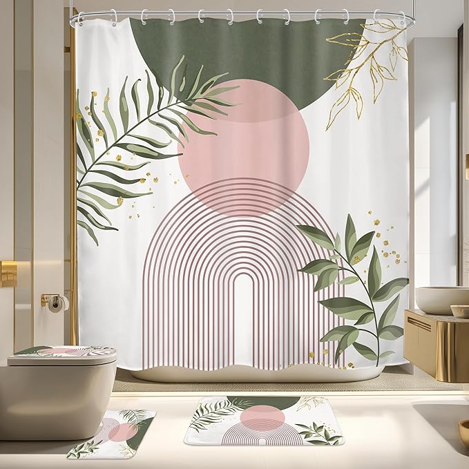 4 PCS Pink Sage Green Boho 72Wx72H Shower Curtain Set Modern Mid Century Plant Bath Rug Toilet Lid Cover Nonslip U Shape Mat Quick Dry Bathroom Decor with 12 Hooks