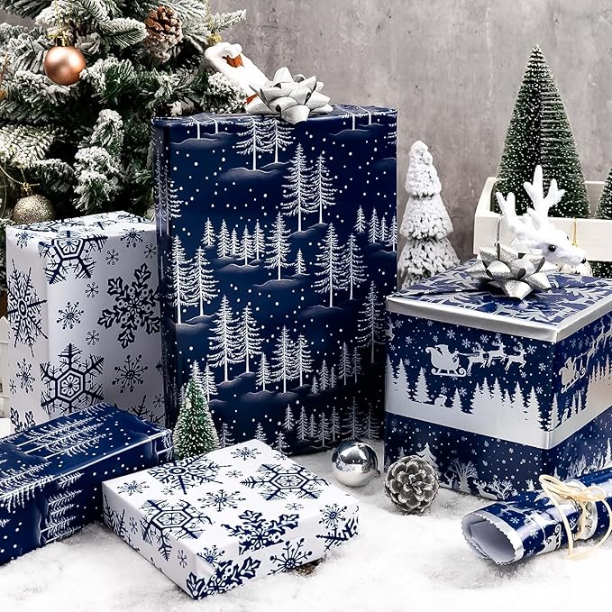MAYPLUSS Festive Holiday Wrapping Paper - 17Inch x 120Inch Per Roll - Cozy Reindeer Snowflakes Tree Scene Gift Wrap Magical Winter Atmosphere Thick Christmas Paper Wrap for Party Celebration Wedding