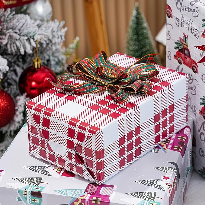 PlandRichW Christmas Wrapping Paper Folded 12 sheets for Kids Adults, 20 x 29 Inches Gift Wrap Paper Plaid, Barn, Red Truck, Moose, Woodland Scenes Designs