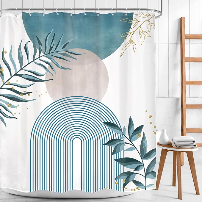 Green Boho Shower Curtain 60Wx72H Modern Abstract Bohemian Leaves Mid Century Minimalist Plant Bathroom Decor Arch Neutral Bath Curtain Fabric Polyester 12 Pack Hooks