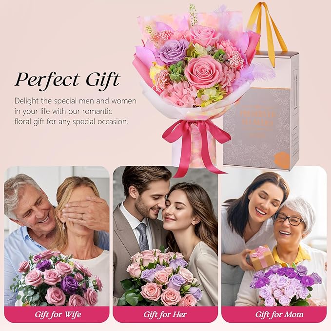 Preserved Flowers Bouquet 3 Roses - Pink Real Rose & Flowers for Delivery, Long-Lasting Flower with Gift Box, Eternal Roses Bouquet for Mothers, Mom, Wife Anniversary Birthday Gifts for Women and Her