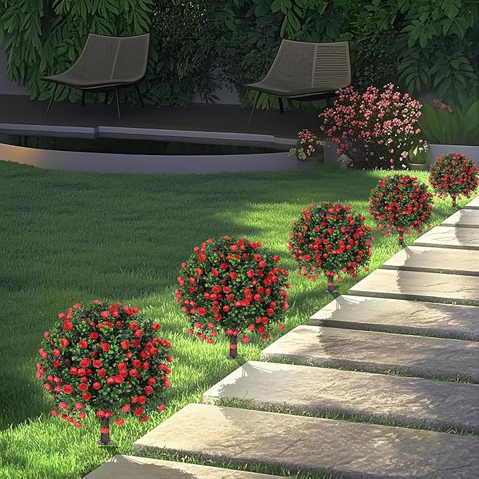 (2-Piece Set) Rose-Shaped Artificial Boxwood Topiary Trees – Designed for Artificial Landscape Shrubs, Shrub Bushes with Ground Spikes, Artificial Flowers