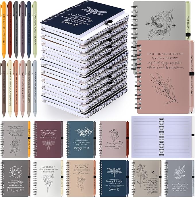 Kosiz 24 Pcs/12 Set Positive Affirmation Gifts Gratitude Spiral Notebooks with Pens Motivational Encouragement Notepads Daily Affirmations Journal for Women Valentine Galentine Gifts (Simple)