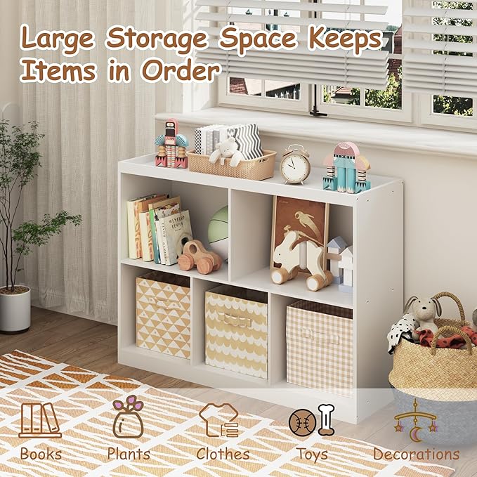 Toy Storage Organizer, 5-Section Kids Bookcase with Raised Edge, Children's Toy Shelf Cabinet for Playroom Bedroom Daycare Nursery School, Montessori Bookshelf for Boys & Girls (2-Tiers)