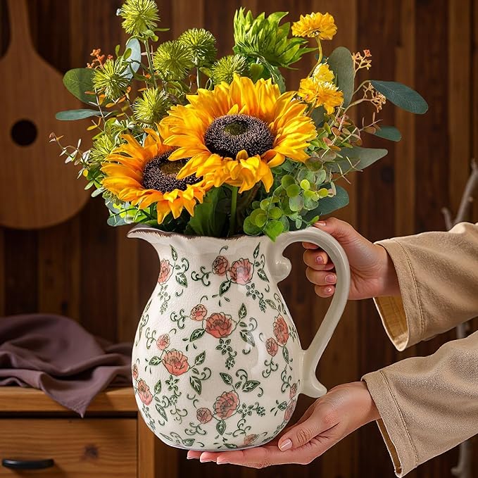 Green and Beige Vintage Vase with Handle,Red Rose Chinoiserie Vase,Farmhouse Antique Decorative Ceramic Vases for Home Decor,Bookshelf, Dining Table, Coffee Table,Mantel, Tuscan Decor (H8.05 Inch)
