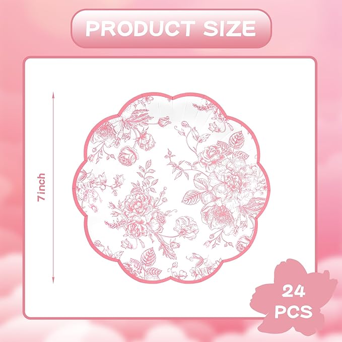 Pink Floral Party Plates Vintage Floral Leaf Disposable Paper Plates Wildflower Pink Toile 7" Scalloped Rim Dessert Plates for Valentines Birthday Bridal Tea Party Supplies (24)