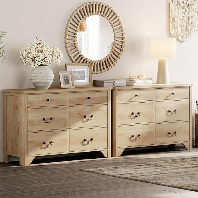 WAMPAT 12 Drawer Dresser, 94.5“ W Farmhouse Dresser TV Stand with Large Drawers, Rustic Wood Wide Chest of Drawers for Closet, Wood Dressers for Bedroom, Living Room, Hallway, Oak