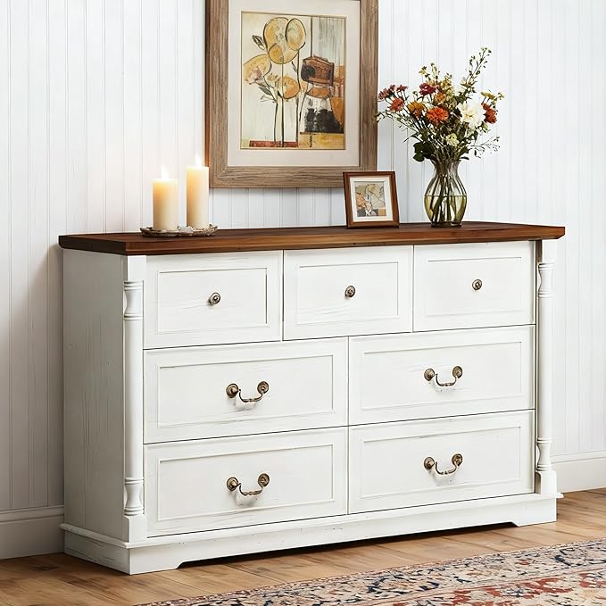 Farmhouse 7 Drawer Dresser for Bedroom, 52" Wide Rustic Chest of Drawers with Retro Handle, White Dresser with Natural Texture, Wood Vintage TV Stand for Living Room, Hallway, Antique White