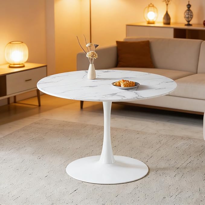 KEIKI 42.1" Round Dining Table, Mid Century Modern Bistro Table with Thickened MDF Tabletop & Metal Pedestal, for 4-6 People, Small Places, Cafe, Kitchen, Living Room, Faux Marble White