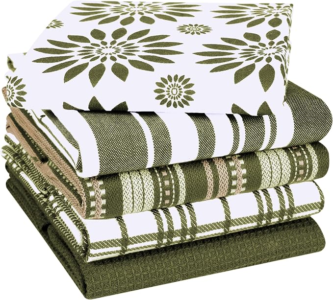 Assorted Kitchen Towels Large 16x26 inches 100% Cotton Set of 5 - Soft Absorbent Washable Tea Towel for Kitchen - Dish Cloths with Hanging Loop - Quick Drying Dish Towels Green