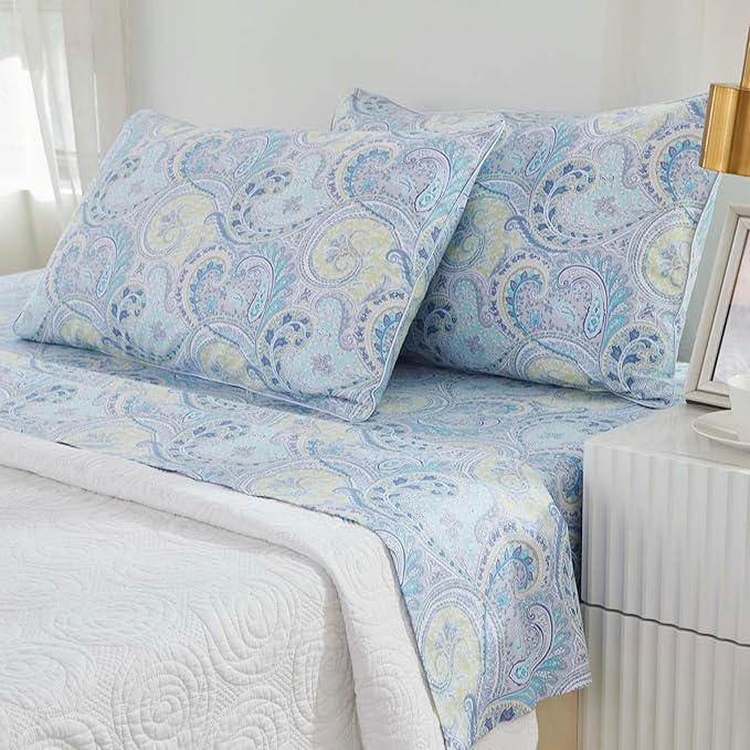 Brandream King Size Sheet Set Luxury Floral Boho Medallion Blue Paisley Bedding Collections 800 Thread Count 100% Egyptian Cotton Deep Pocket, 4 Piece