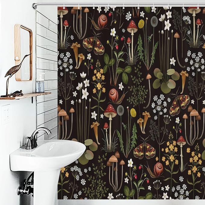 Mushroom Shower Curtain, Retro Wild Floral Botanical Mushroom Floral Moth Cottagecore Nature Plants Leave Herbs Black Farmhouse Waterproof Fabric Bathroom Shower Curtain Set with Hooks, 72"x72" Inch