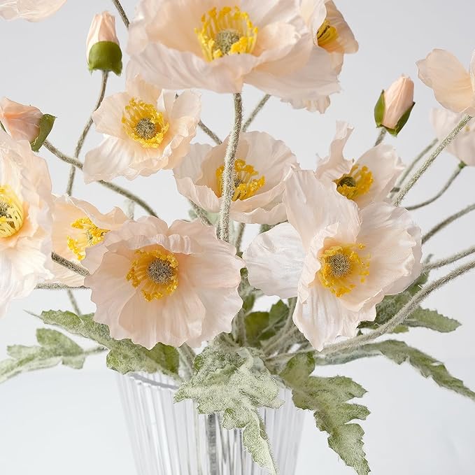 Champagne Poppy Flowers Fake 6PCS Faux Poppies Artificial with Long Stems Silk Bouquet for Home Kitchen Wedding Centerpiece Decor