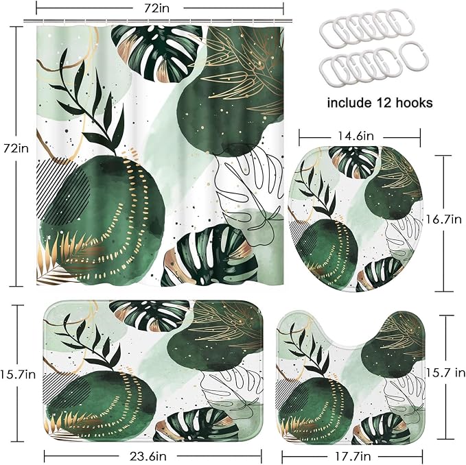 Sage Green Boho Shower Curtain Set with Toilet Lid Cover and Non-Slip Rugs, Mid Century Plant Abstract Olive 4 Pcs Modern Shower Curtain for Bathroom Set with 12 Hooks