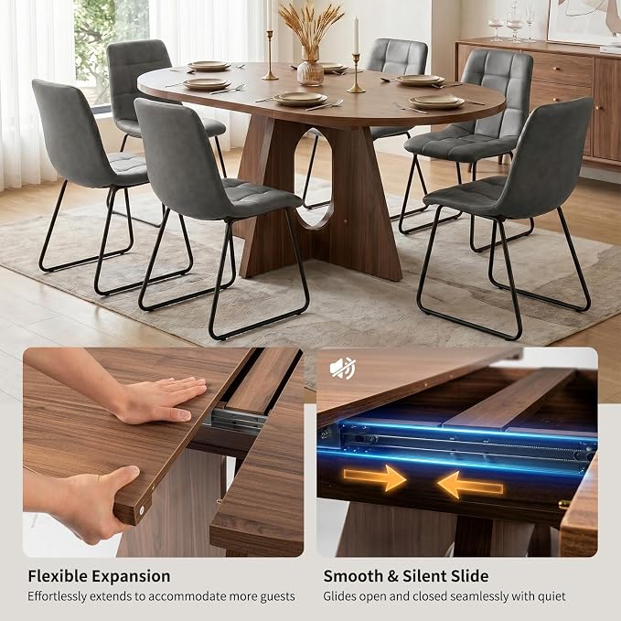 HIPIHOM Modern Round Expandable Dining Table Set for 6, 43.3"-59" Walnut Kitchen Table with 6 PU Leather Chairs, 7-Piece Mid-Century Dining Room Set