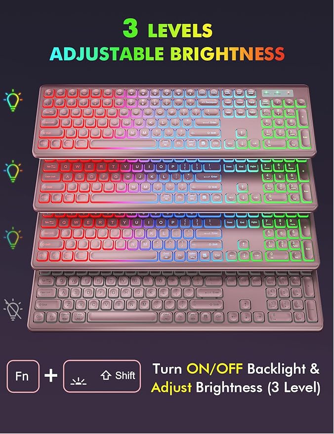 Wireless Keyboard and Mouse Combo, RGB Backlit, Rechargeable & Light Up Letters, Full-Size, Soft Typing, Sleep Mode, 2.4GHz Quiet Keyboard Set for Mac, Windows, Laptop, PC, Trueque (Rose Pink)